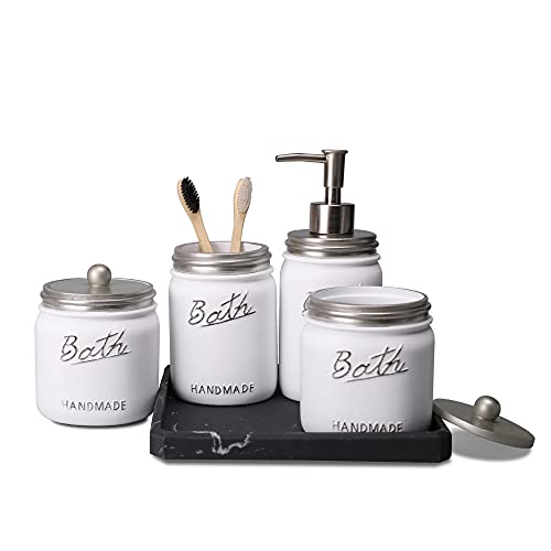 LKKL Mason Jar Badezimmer Zubehör Set 5 Stück Badezimmer Gläser Komplettset mit Seifenspender Zahnbürstenhalter Schminktisch Tablett, 2 Baumwollglas Organizer Rustikale Bauernhaus Dekoration - Nickel LKKL Mason Jar Badezimmer Zubehör Set 5 Stück Badezimmer Gläser Komplettset mit Seifenspender Zahnbürstenhalter Schminktisch Tablett, 2 Baumwollglas Organizer Rustikale Bauernhaus Dekoration - Nickel von LKKL