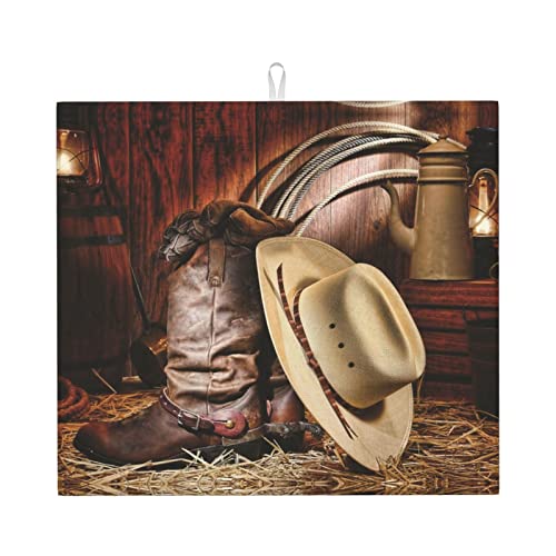 Cowboy-Abtropfmatte mit schwarzem Hut und Westernstiefeln für Küche – schöne saugfähige Abtropfmatte, hält Theken trocken und stilvoll von LKLDDPZB
