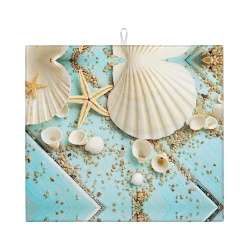 Ocean Sea Beach Seashells Seestern Blau Abtropfmatte für Küche – schöne volldruckabsorbierende Abtropfmatte, hält Theken trocken und stilvoll von LKLDDPZB