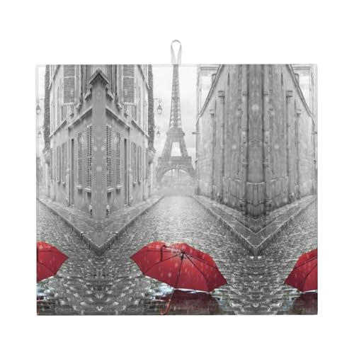 Tower Paris Street Abtropfmatte für die Küche mit rotem Regenschirm, schöne volldruckabsorbierende Abtropfmatte, hält Theken trocken und stilvoll von LKLDDPZB