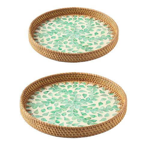 2 Stück Handgefertigtes Rattan-Tablett mit Bunter Muschel, Rundes Tablett, Couchtisch-Tablett, Schreibtisch, Gewebter Aufbewahrungskorb, Obst, Brot, Snack-Serviertablett für Heimdekoration(Grün) von LKPOMI