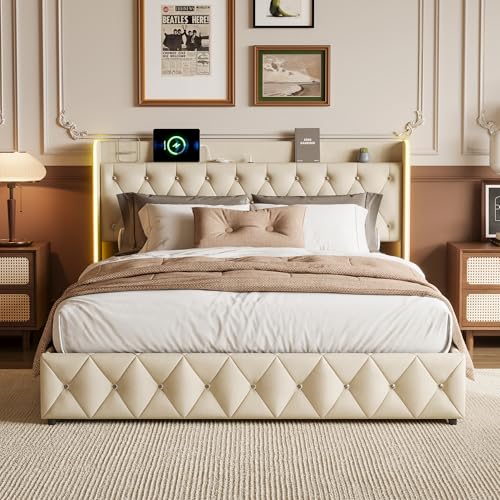 Bett mit Bettkasten, 160 x 200 cm mit Lattenrost, gepolstertes Doppelbett mit LED-Licht und USB Typ C, Bettgestell mit Stauraum und Kopfteil, für Jugendzimmer, ohne Matratze (Beige, 160 x 200 cm) von LKPOMI