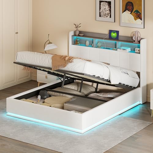 Polsterbett Doppelbett 160x200 cm, Hydraulisches Bett mit LED und USB Ladefunktion, Staufach-Kopfteil, Stauraumbett Bettrahmen Jugendbett Bettgestell mit Lattenrost, PU, Schwarz, ohne Matratze Polsterbett Doppelbett 160x200 cm, Hydraulisches Bett mit LED und USB Ladefunktion, Staufach-Kopfteil, Stauraumbett Bettrahmen Jugendbett Bettgestell mit Lattenrost, PU, Schwarz, ohne Matratze von LKPOMI