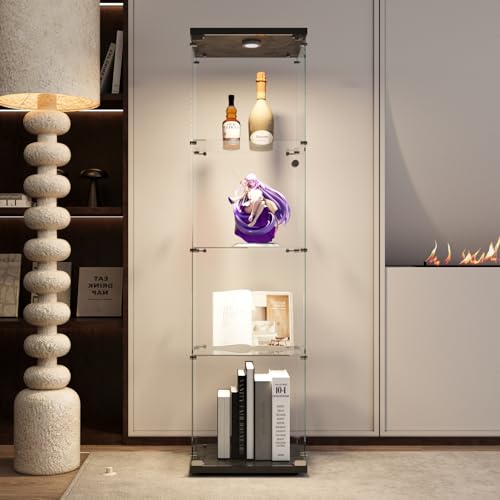 Glasvitrine Standvitrine mit LED und 2 Türen 4 Regalen Transparent, Möbel Vitrine Glas Eckvitrine, Sammlervitrine für Wohnzimmer Schlafzimmer Büro (Schwarz, 164X42.5X36.5cm) von LKPOMI