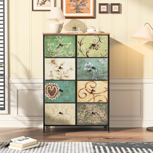 Kommode mit 8 Schubladen, Aufbewahrungsschrank mit Holzplatte Stoffschubladen Metallgestell, Schubladenschrank Sideboard Möbel für Wohnzimmer Schlafzimmer Flur (8-Schubladen (67,5B x 30T x 100H cm)) von LKPOMI
