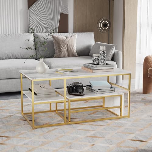 LKPOMI 2er Set Couchtisch, Marmor Optik Wohnzimmertisch, Rechteckiger Tisch und Runder Tisch, Metallgestell Beistelltisch, Sofatisch Kaffeetisch für Wohnzimmer (Rechteck Gold) von LKPOMI
