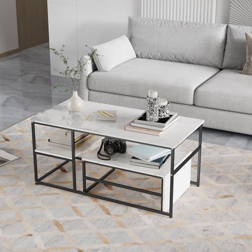 LKPOMI 2er Set Couchtisch, Marmor Optik Wohnzimmertisch, Rechteckiger Tisch und Runder Tisch, Metallgestell Beistelltisch, Sofatisch Kaffeetisch für Wohnzimmer (Rechteck Schwarz) von LKPOMI