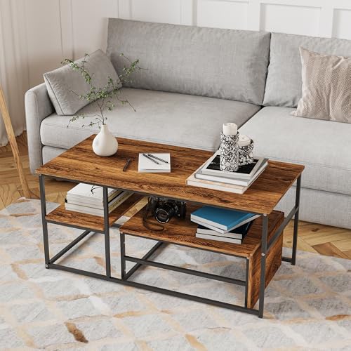 LKPOMI 2er Set Couchtisch, Marmor Optik Wohnzimmertisch, Rechteckiger Tisch und Runder Tisch, Metallgestell Beistelltisch, Sofatisch Kaffeetisch für Wohnzimmer (Rechteck Schwarz+Holz) von LKPOMI
