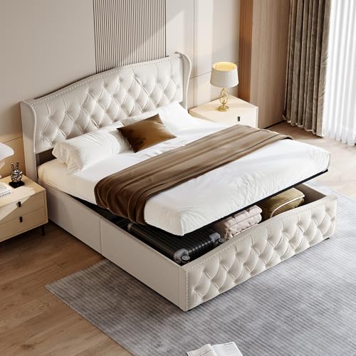 LKPOMI Bett mit Stauraum 160x200 Polsterbett Boxspringbett mit Bettkasten und Lattenrost, Stauraumbett Jugendbett Bettgestell, Samt, ohne Matratze (Beige 2, 160 x 200 cm) von LKPOMI
