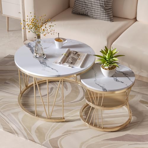 LKPOMI Couchtisch 2er Set Rund, Moderne Kaffeetische Satztische, Beistelltisch 2er Set Stapelbar mit Holzplatte und Metallrahmen, Couch Tisch Wohnzimmer Heimbüro (Gold) von LKPOMI