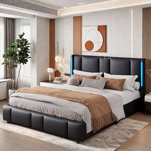 LKPOMI Polsterbett 160 x 200 cm, Schwarz Kunstleder Doppelbett, LED Funktionsbett mit Stauraum, USB-Anschluss and Lattenrost, Ohne Matratze (Schwarz, 160x200cm) von LKPOMI