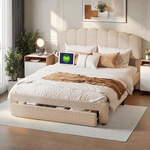 LKPOMI Polsterbett Doppelbett 140x200 cm, Bett mit Stauraum Schubladen, Stoffbett mit USB Typ-C Ladefunktion, Höhenverstellbarem Kopfteil, mit Lattenrost aus Holz, beige (140x200 cm) von LKPOMI