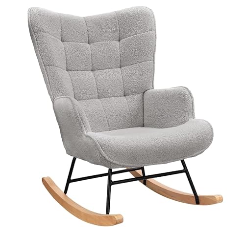 LKPOMI Schaukelstuhl Stillsessel Schaukelsessel aus Teddy-Plüsch Relaxsessel mit Armlehnen Gepolsterter Relaxsessel Schwingsessel fürs Wohnzimmer Schlafzimmer (Hellgrau, 68 x 75 x 92 cm) von LKPOMI