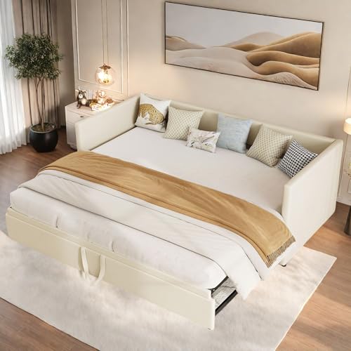 LKPOMI Schlafsofa ausziehbar 90/180x200 cm 2-Sitzer Sofa Bett Polsterbett mit Ausziehbett, Doppelbett Einzelbett Bettgestell mit Lattenrost Rückenlehne und Armlehne, Samt, Ohne Matratze (beige) von LKPOMI