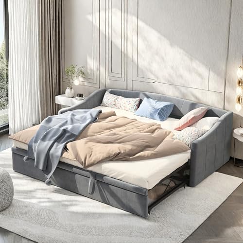 LKPOMI Tagesbett Sofabett 90/180x200 cm, Polsterbett, Samtstoff Multifunktionsbett, Ausziehbett Gleiche Höhe Einzelbett Doppelbett, Grau, Ohne Matratze (Quadratische Rückenlehne, 90/180x200cm) von LKPOMI