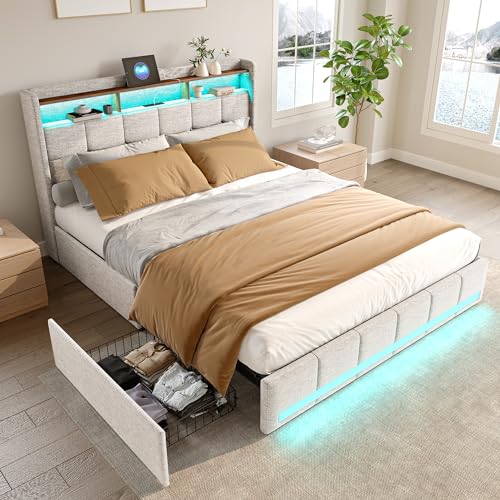 Polsterbett 160x200cm, Leinen Doppelbett mit LED Beleuchtung und 4 Schubladen, Stauraum Kopfteil mit USB Type C Ladefunktion, Lattenrost Stauraumbett, Ohne Matratze (beige, 160x200) von LKPOMI