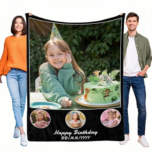 LKSCUDIY Personalisierte Decke mit Foto Fotodecken selbst gestalten Bedrucken Lassen 1–10 Fotocollage und Text,Decke Flanell personalisiert für Kinder,Geburtstag,4Foto von LKSCUDIY