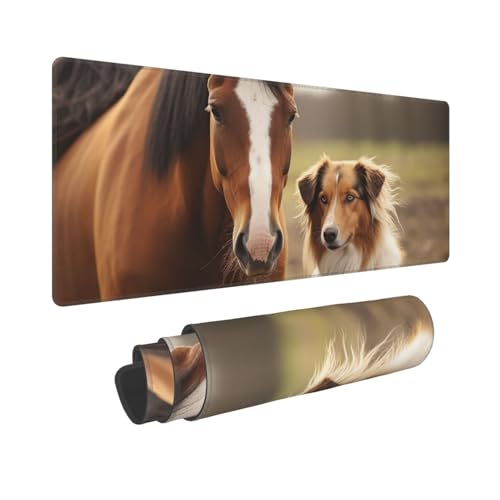 Gaming-Mauspad, erweiterte Volltastaturmatte mit genähten Kanten, Anime, große Schreibtischunterlage mit rutschfester Unterseite, Collie-Hund und Pferd zusammen, Mauspad für Gaming und Büro, 80 x 30 von LKVNSWERT