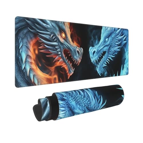 Gaming-Mauspad, erweiterte Volltastaturmatte mit genähten Kanten, Anime, große Schreibtischunterlage mit rutschfester Unterseite, Eis- und Feuerdrachen, Mauspad für Gaming und Büro, 80 x 30 cm von LKVNSWERT