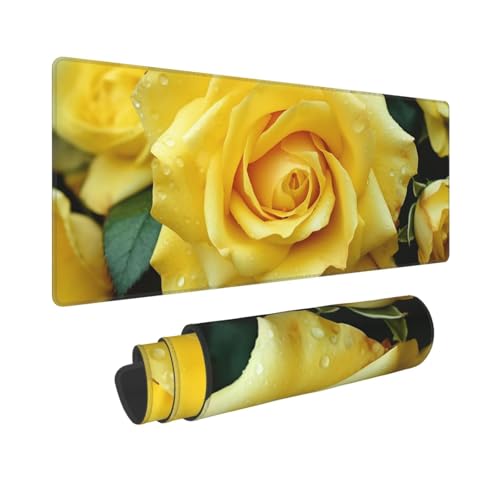 Gaming-Mauspad, erweiterte volle Tastaturmatte mit genähten Kanten, Anime, große Schreibtischunterlage mit rutschfester Unterseite, anmutige gelbe Rose, Blumen-Mauspad für Gaming und Büro, 80 x 30 cm von LKVNSWERT