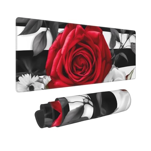 Gaming-Mauspad, erweiterte volle Tastaturmatte mit genähten Kanten, Anime, große Schreibtischunterlage mit rutschfester Unterseite, schwarz-weiße Streifen, rote Rose, Blumen, Mauspad für Gaming und von LKVNSWERT