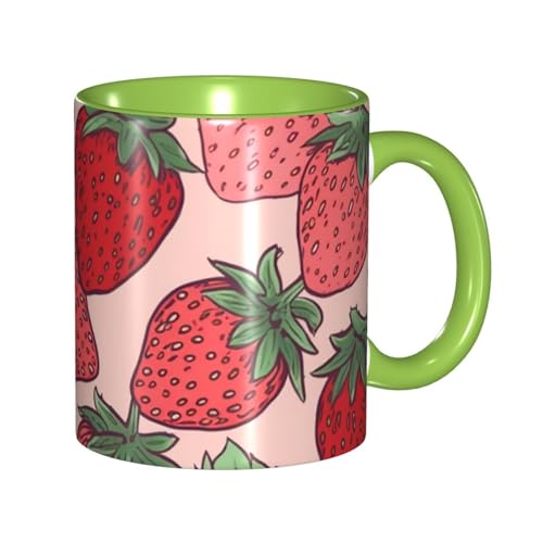 LKVNSWERT Porzellan-Kaffeetasse mit Griff, 325 ml, Erdbeer-Muster, Kaffeetasse für Büro und Zuhause, Latte-Getränketasse für Kaffee, Tee und Milch, bunte Innenseite, Keramik-Teetassen für Männer und von LKVNSWERT