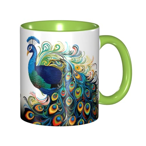 LKVNSWERT Porzellan-Kaffeetasse mit Griff, 325 ml, Pfauenmuster, Kaffeetasse für Büro und Zuhause, Latte-Getränketasse für Kaffee, Tee und Milch, bunte Innenseite, Keramik-Teetassen für Männer und von LKVNSWERT
