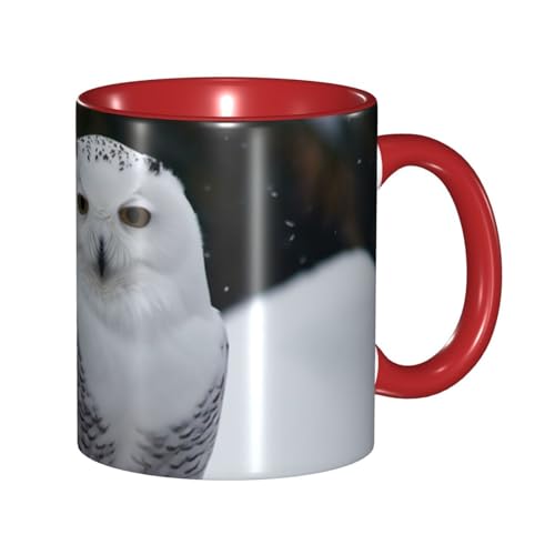 LKVNSWERT Porzellan-Kaffeetasse mit Griff, 325 ml, Schnee-Eule, Kaffeetasse für Büro und Zuhause, Latte-Getränketasse für Kaffee, Tee und Milch, bunte Innenseite, Keramik-Teetassen für Männer und von LKVNSWERT