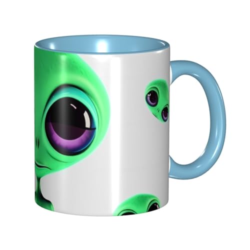 LKVNSWERT Porzellan-Kaffeetasse mit Griff, 325 ml, grüne Alien-Kaffeetasse für Büro und Zuhause, Latte-Getränketasse für Kaffee, Tee und Milch, bunte Innenseite, Keramik-Teetassen für Männer und von LKVNSWERT
