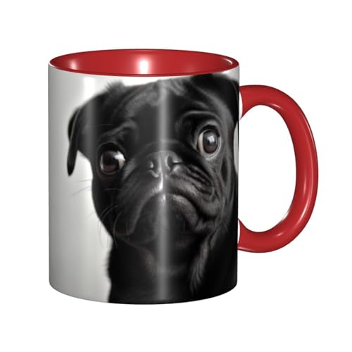 LKVNSWERT Porzellan-Kaffeetasse mit Griff, 325 ml, niedlicher schwarzer Mops, Kaffeetasse für Büro und Zuhause, Latte-Getränkebecher für Kaffee, Tee und Milch, bunte Innenseite, Keramik-Teetassen für von LKVNSWERT