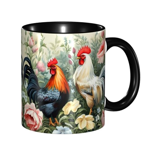 LKVNSWERT Porzellan-Kaffeetasse mit Griff, Hahn-Kaffeetasse für Büro und Zuhause, Latte-Getränketasse für Kaffee, Tee und Milch, bunte Innenseite, Keramik-Teetassen für Männer und Frauen von LKVNSWERT