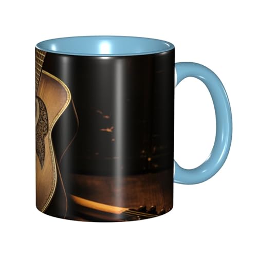 LKVNSWERT Porzellan-Kaffeetasse mit Griff, Kaffeetasse mit Aufschrift "Old West Guitar", Kaffeetasse für Büro und Zuhause, Latte-Getränketasse für Kaffee, Tee und Milch, bunte Innenseite von LKVNSWERT