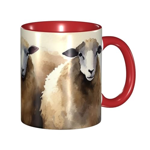 LKVNSWERT Porzellan-Kaffeetasse mit Griff, Schafe, Aquarell-Kaffeetasse für Büro und Zuhause, Latte-Getränketasse für Kaffee, Tee und Milch, bunte Innenseite, Keramik-Teetassen für Männer und Frauen von LKVNSWERT