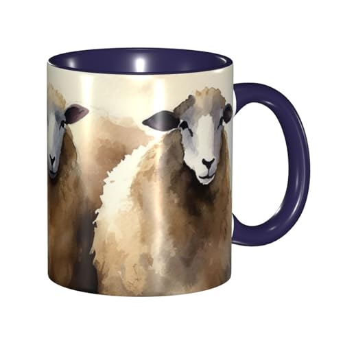 LKVNSWERT Porzellan-Kaffeetasse mit Griff, Schafe, Aquarell-Kaffeetasse für Büro und Zuhause, Latte-Getränketasse für Kaffee, Tee und Milch, bunte Innenseite, Keramik-Teetassen für Männer und Frauen von LKVNSWERT