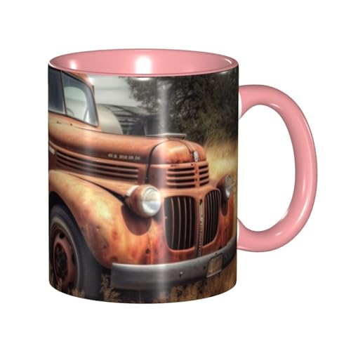 LKVNSWERT Porzellan-Kaffeetasse mit Griff, alter LKW, Auto-Kaffeetasse für Büro und Zuhause, Latte-Getränketasse für Kaffee, Tee und Milch, bunte Innenseite, Keramik-Teetassen für Männer und Frauen von LKVNSWERT