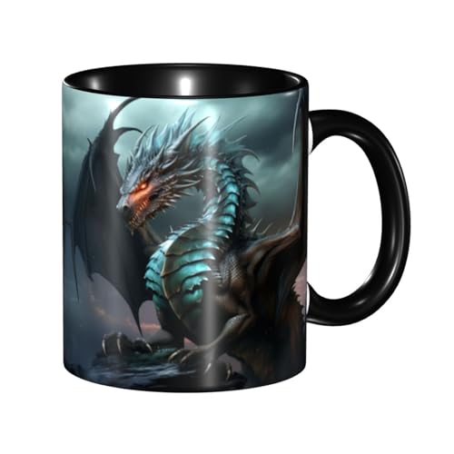 LKVNSWERT Porzellan-Kaffeetasse mit Griff, coole Drachen-Kaffeetasse für Büro und Zuhause, Latte-Getränketasse für Kaffee, Tee und Milch, bunte Innenseite, Keramik-Teetassen für Männer und Frauen von LKVNSWERT