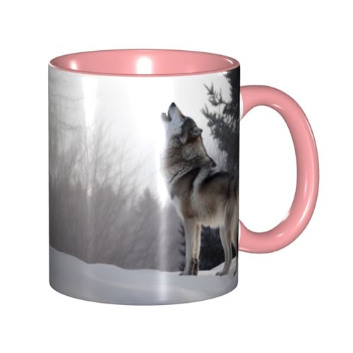 LKVNSWERT Porzellan-Kaffeetasse mit Griff, heulender Wolf, Kaffeetasse für Büro und Zuhause, Latte-Getränketasse für Kaffee, Tee und Milch, bunte Innenseite, Keramik-Teetassen für Männer und Frauen von LKVNSWERT