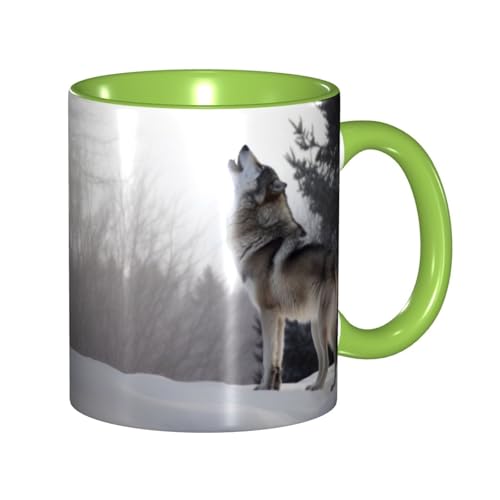 LKVNSWERT Porzellan-Kaffeetasse mit Griff, heulender Wolf, Kaffeetasse für Büro und Zuhause, Latte-Getränketasse für Kaffee, Tee und Milch, bunte Innenseite, Keramik-Teetassen für Männer und Frauen von LKVNSWERT