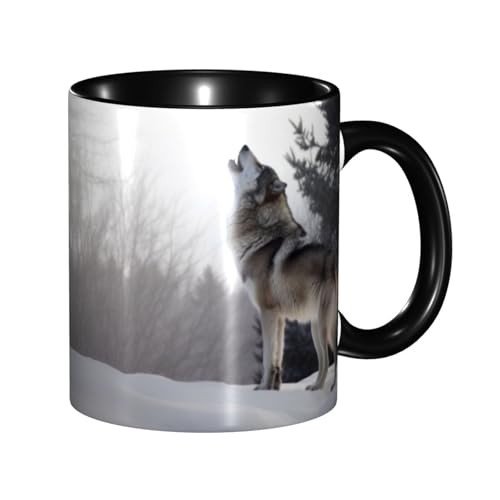 LKVNSWERT Porzellan-Kaffeetasse mit Griff, heulender Wolf, Kaffeetasse für Büro und Zuhause, Latte-Getränketasse für Kaffee, Tee und Milch, bunte Innenseite, Keramik-Teetassen für Männer und Frauen von LKVNSWERT
