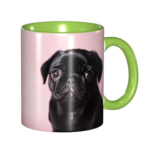 LKVNSWERT Porzellan-Kaffeetasse mit Griff, niedlicher schwarzer Mops, Kaffeetasse für Büro und Zuhause, Latte-Getränketasse für Kaffee, Tee und Milch, bunte Innenseite, Keramik-Teetassen für Männer von LKVNSWERT