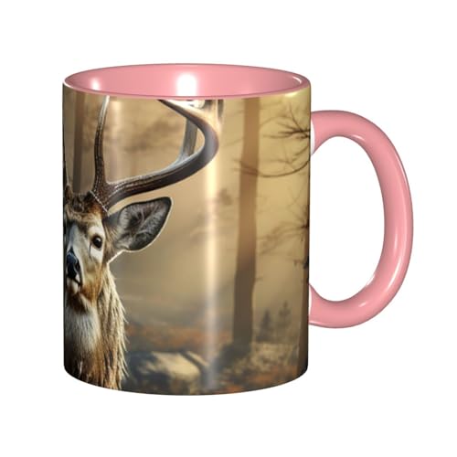 Porzellan-Kaffeetasse mit Griff, 325 ml, Hirschjagd-Saison, Kaffeetasse für Büro und Zuhause, Latte-Getränketasse für Kaffee, Tee und Milch, bunte Innenseite, Keramik-Teetassen für Männer und Frauen von LKVNSWERT