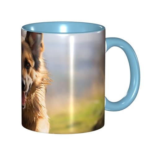 Porzellan-Kaffeetasse mit Griff, 325 ml, Motiv: laufender Schäferhund, Kaffeetasse für Büro und Zuhause, Latte-Getränkebecher für Kaffee, Tee und Milch, bunte Innenseite, Keramik-Teetassen für Männer von LKVNSWERT