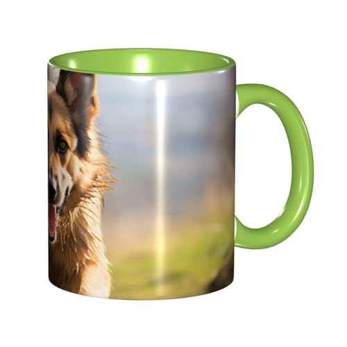Porzellan-Kaffeetasse mit Griff, 325 ml, Motiv: laufender Schäferhund, Kaffeetasse für Büro und Zuhause, Latte-Getränkebecher für Kaffee, Tee und Milch, bunte Innenseite, Keramik-Teetassen für Männer von LKVNSWERT