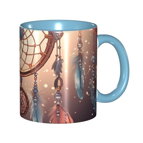 Porzellan-Kaffeetasse mit Griff, 325 ml, indianischer Traumfänger, Kaffeetasse für Büro und Zuhause, Latte-Getränketasse für Kaffee, Tee und Milch, bunte Innenseite, Keramik-Teetassen für Männer und von LKVNSWERT