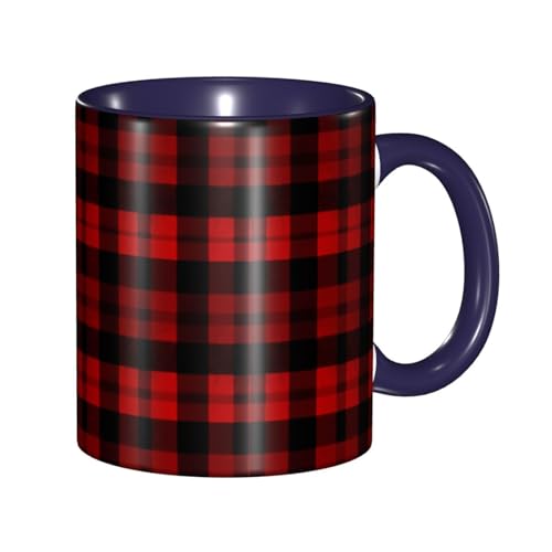 Porzellan-Kaffeetasse mit Griff, 325 ml, kariert, rot und schwarz, Kaffeetasse für Büro und Zuhause, Latte-Getränketasse für Kaffee, Tee und Milch, bunte Innenseite, Keramik-Teetassen für Männer und von LKVNSWERT