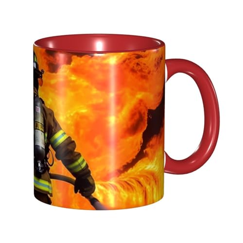 Porzellan-Kaffeetasse mit Griff, Feuerwehrmann, Flamme, Kaffeetasse für Büro und Zuhause, Latte-Getränketasse für Kaffee, Tee und Milch, bunte Innenseite, Keramik-Teetassen für Männer und Frauen, 325 von LKVNSWERT