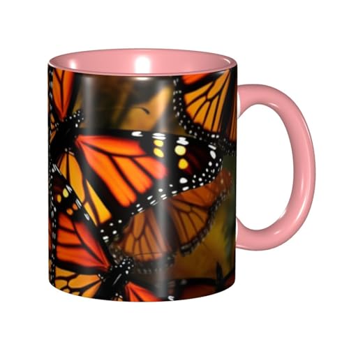 Porzellan-Kaffeetasse mit Griff, Monarch-Schmetterlinge, Kaffeetasse für Büro und Zuhause, Latte-Getränketasse für Kaffee, Tee und Milch, bunte Innenseite, Keramik-Teetassen für Männer und Frauen von LKVNSWERT
