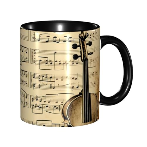 Porzellan-Kaffeetasse mit Griff, Musiknoten auf alter Papier-Kaffeetasse für Büro und Zuhause, Latte-Getränketasse für Kaffee, Tee und Milch, bunte Innenseite, Keramik-Teetassen für Männer und Frauen von LKVNSWERT