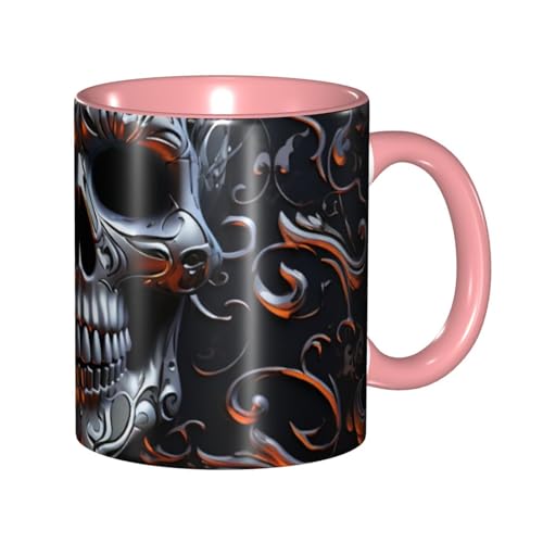 Porzellan-Kaffeetasse mit Griff, coole Totenkopf-Grafik, Kaffeetasse für Büro und Zuhause, Latte-Getränketasse für Kaffee, Tee und Milch, bunte Innenseite, Keramik-Teetassen für Männer und Frauen von LKVNSWERT