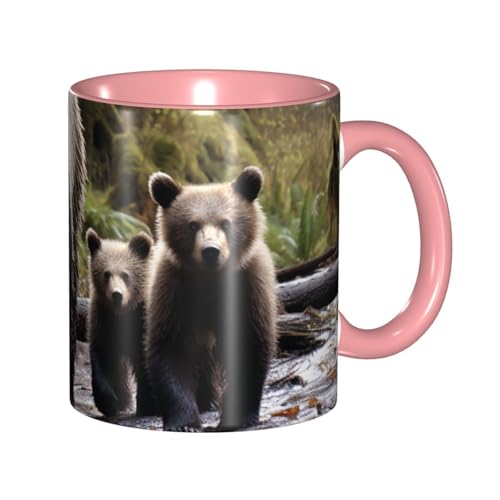 Porzellan-Kaffeetasse mit Henkel, Motiv: Bär und ihre Jungen, Kaffeetasse für Büro und Zuhause, Latte-Getränketasse für Kaffee, Tee und Milch, bunte Innenseite, Keramik-Teetassen für Männer und Frauen von LKVNSWERT